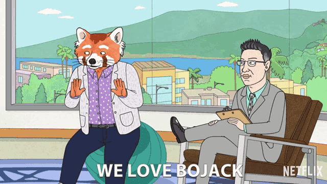 a cartoon of a man sitting in a chair next to a fox with the words " we love bojack " on it