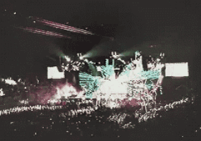 a crowd of people watching a concert with fireworks going off in the background