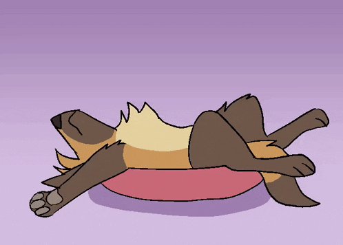 a cartoon dog laying on its back on a pink pillow