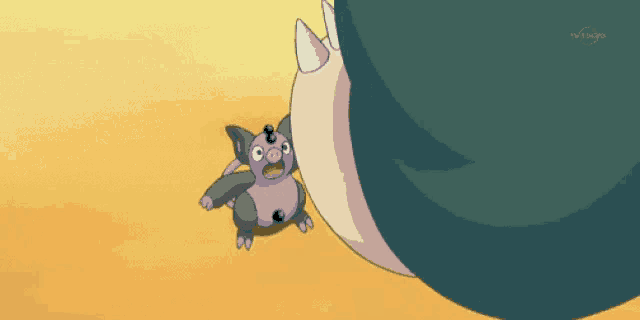 a purple and black cartoon character is being held by a giant pokemon .