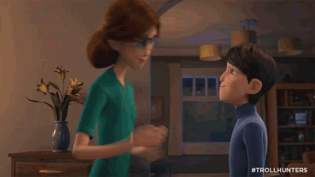 a cartoon of a woman hugging a boy with the hashtag trollhunters on the bottom