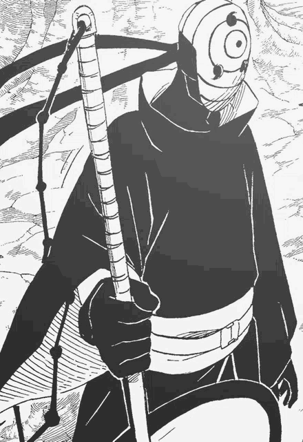a black and white drawing of a man wearing a mask holding a stick