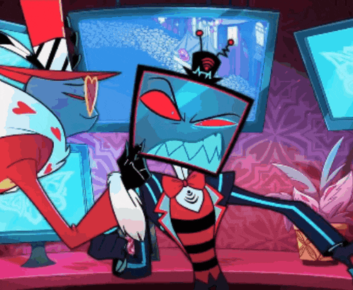 a cartoon character is sitting on a couch in front of a computer monitor