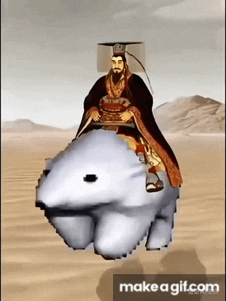 a man in a black robe is riding on the back of a polar bear .