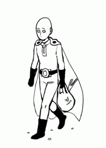 a black and white drawing of a bald man in a superhero costume carrying a bag .