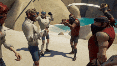 a group of cartoon characters are standing on a beach with swords