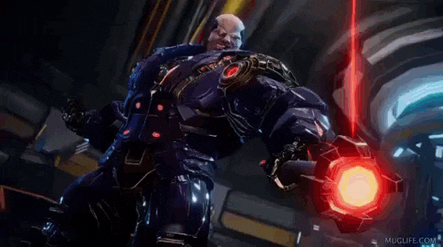 a video game character is standing in a dark room with a red light coming out of his hand .