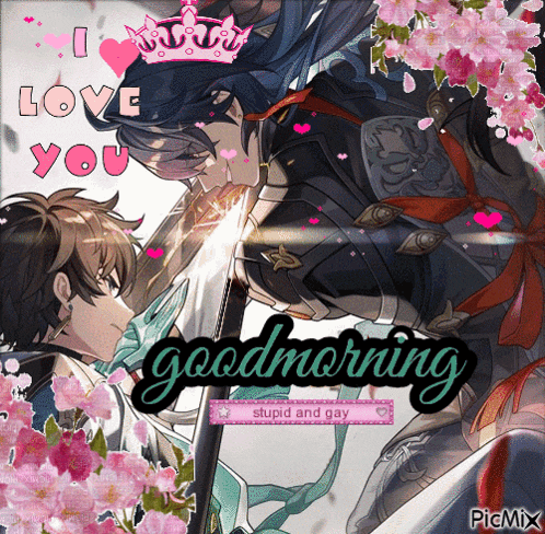 a picture of a man kissing another man with the words good morning