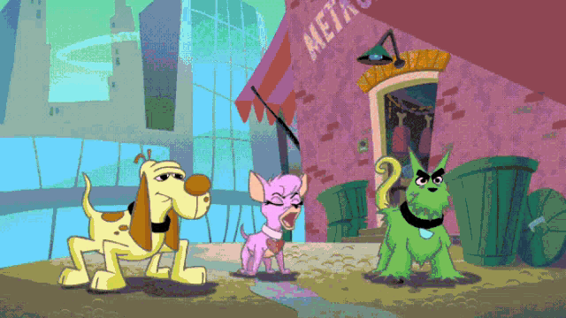 a cartoon of three dogs standing in front of a store called metro