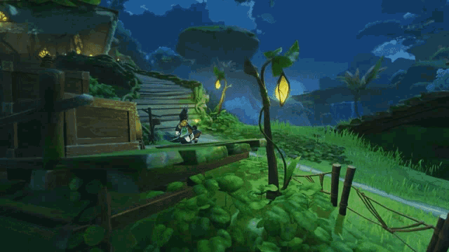 a video game scene with a cat sitting on a ledge