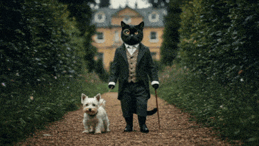 a black cat in a tuxedo walking a white dog on a leash
