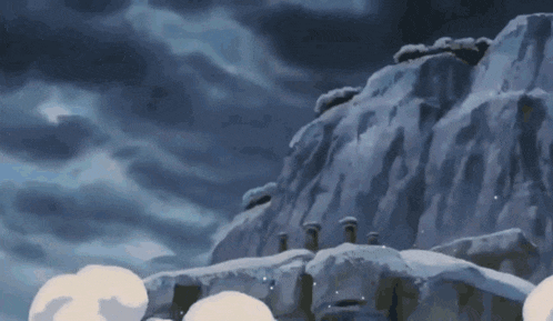 a painting of a snowy mountain with a cloudy sky