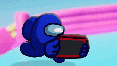 a blue among us character is holding a red and black nintendo switch