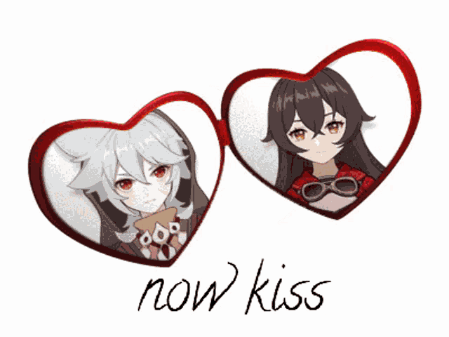 a picture of a boy and a girl in a heart shaped frame with the words now kiss below them