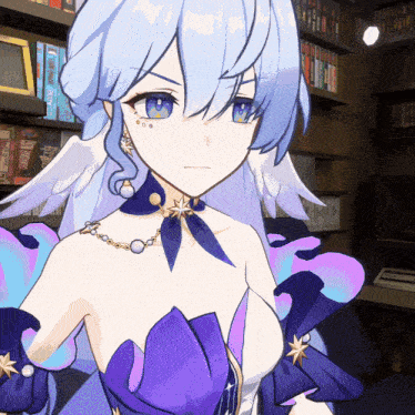 a girl in a purple dress with a star on her neck