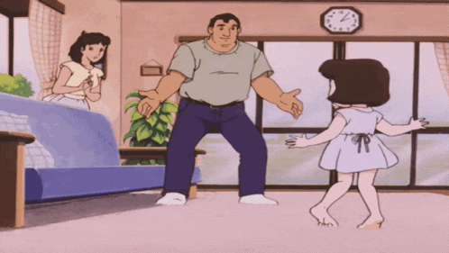 a man and a little girl are dancing in a living room with a clock on the wall that shows the time as 7:15