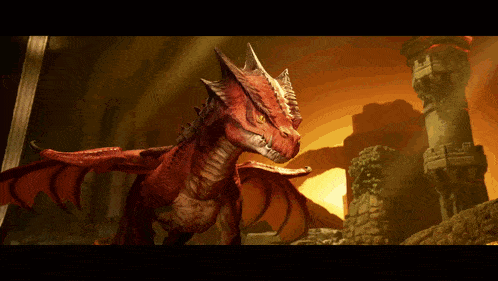 a red dragon is standing in front of a tower