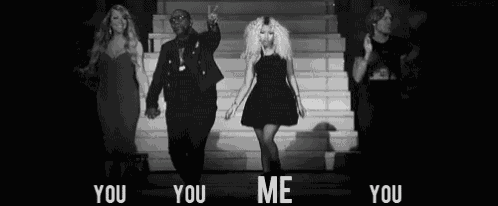 a black and white photo of a group of people with the words " you you me "