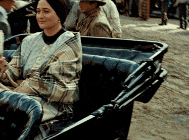 a woman in a plaid coat is sitting in a carriage