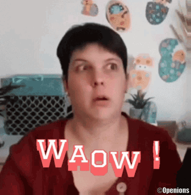 a woman with a surprised look on her face and the word waow on her chest