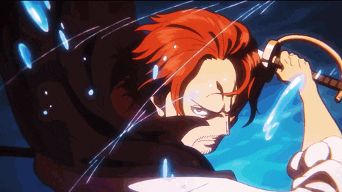 a cartoon character with red hair is holding a sword