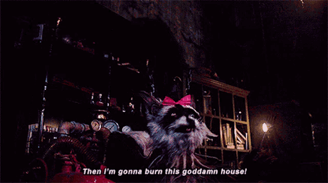 a raccoon with a pink bow on its head is saying " then i 'm gonna burn this goddamn house "