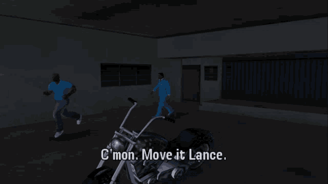 a video game scene with two men and a motorcycle that says " c mon move it lance "