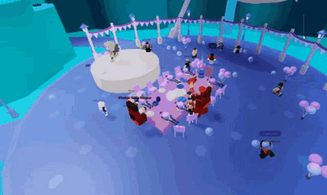 a group of people are gathered around a table in a video game where one of the players is named peach