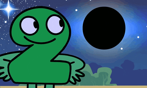 a green cartoon character with a purple eye is standing next to a black circle