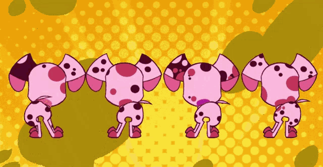 four pink dalmatian dogs are standing in a row on a yellow background