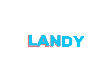 the word landy is blue and red on a white background .