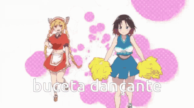 a girl with horns is standing next to a girl with pom poms and the words buceta dancante written in white