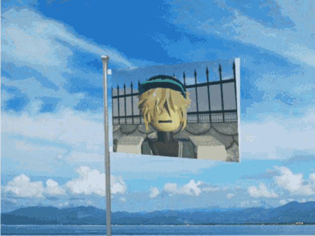 a flag with a picture of a boy on it is flying in the wind