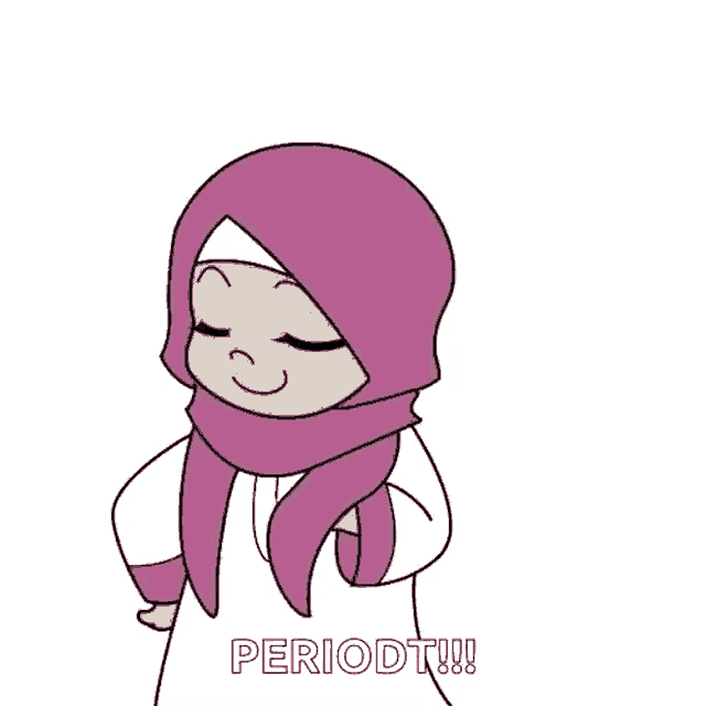 a cartoon of a woman wearing a pink scarf and a white dress with the word periodt written below her