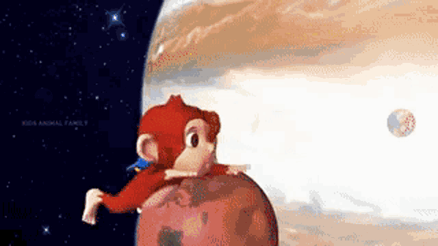 a cartoon monkey is sitting on top of a planet in space .