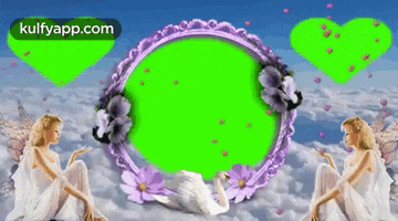 a woman is sitting in the clouds with a swan and a green screen .