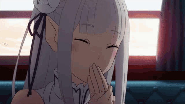 a girl with white hair covering her mouth with her hand