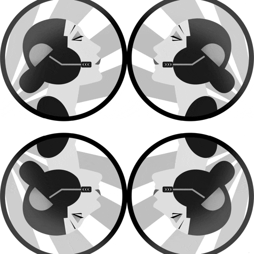 four black and white circles with a woman 's face in each of them