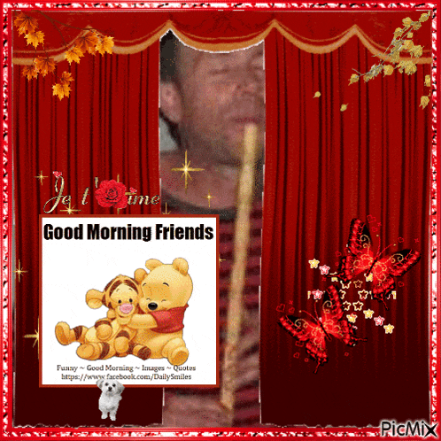 a cartoon of winnie the pooh and tigger with the words " good morning friends "