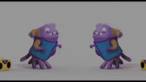 a group of cartoon characters are standing next to each other .