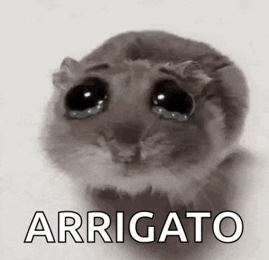 a hamster with tears in its eyes is sitting on a table with the word arrigato written below it .