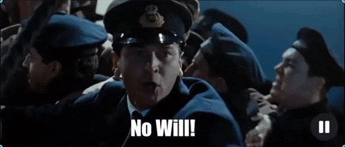 a man in a military uniform is surrounded by people and says no will !