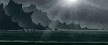 the sun is shining through the clouds over a body of water with mountains in the background