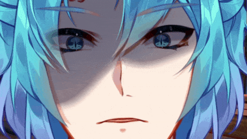 a close up of a blue haired anime character with a shadow on his face