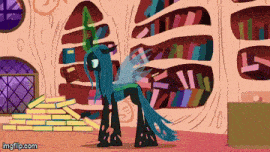 queen chrysalis from my little pony is standing in front of a library