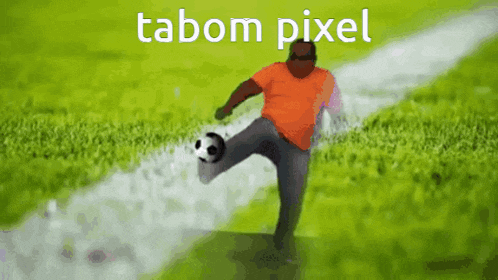 a man in an orange shirt is kicking a soccer ball on a field with the words tabom pixel above him