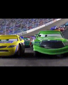 a group of cars from the movie cars racing on a race track