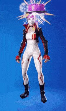 a woman in a white and red outfit is standing in front of a blue background with a pink hat on her head .