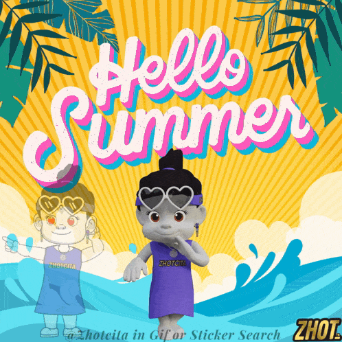 a cartoon character is standing in front of a yellow background that says hello summer