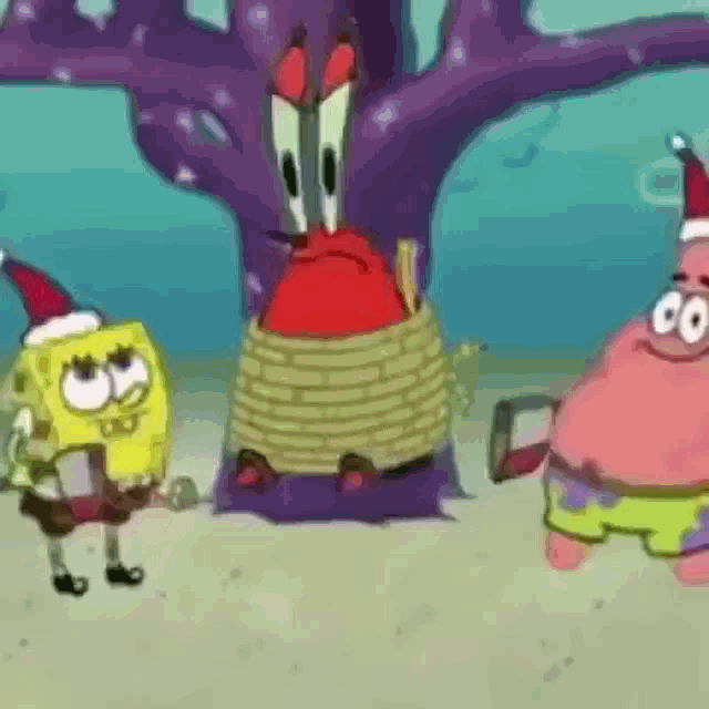 spongebob and patrick are standing next to each other in front of a coral reef .